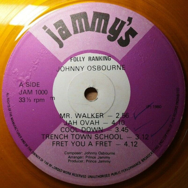 Image of Label Cover of LP - VG/VG+ - JOHNNY OSBOURNE, Folly Ranking (Jammy's; JAM 1000 , UK 1980, Yellow transparent vinyl), writing on rear of sleeve, - 3726077E