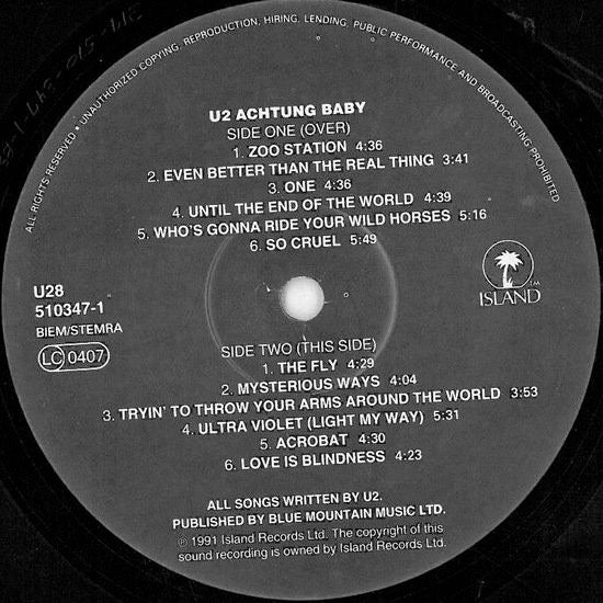 Image of Label Cover of LP - VG/G - U2, Achtung Baby (Island Records; U28, Europe 1991, Uncensored Sleeve, Inner & Insert, SNA Pressing), Lots of light marks and hairlines, Nothing feelable, - 3416519C
