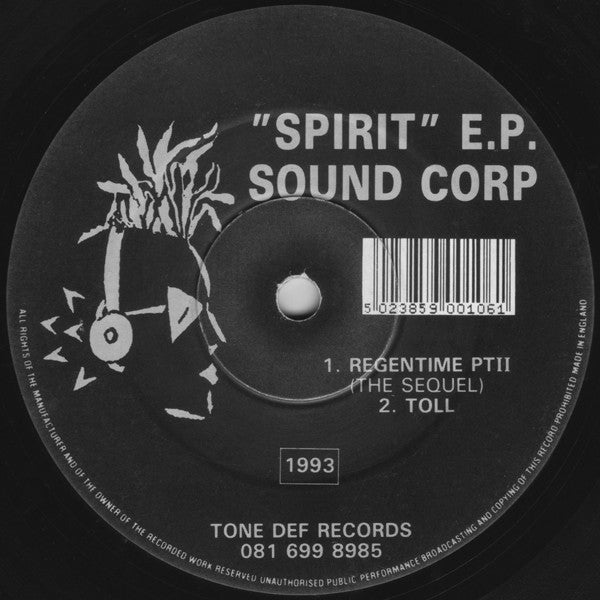 Image of Back Cover of 12" - /G - SOUND CORP, Spirit EP (Tone Def; 010EP, UK 1993, Plain Sleeve), A-side is a decent G+. B-side has a click throughout. Small warp, but plays well., - 2626042E