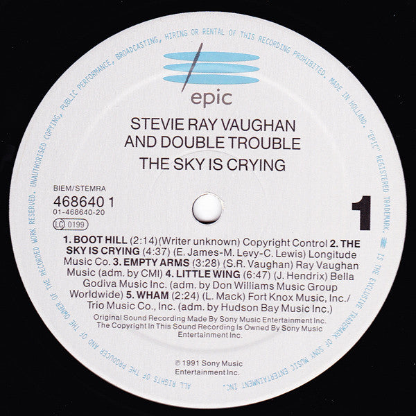 Image of Label Cover of LP - VG+/VG+ - STEVIE RAY VAUGHAN AND DOUBLE TROUBLE, The Sky Is Crying (Epic; EPC 468640 1, Europe 1991, Inner), Very Strong VG+, Manufacturer's Property Sticker on Rear Sleeve, - 3926422E