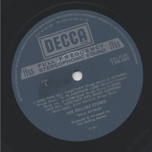 Image of Label Cover of 4625225E: LP - THE ROLLING STONES, Their Satanic Majesties Request (Decca Blue Boxed; TXS 103, UK 1970 Reissue, Laminated Gatefold Sleeve With Indicator Hole, Stereo) VG/VG+