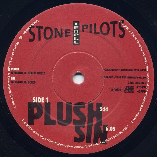 Image of Label Cover of 12" - VG/G+ - STONE TEMPLE PILOTS, Plush (Atlantic; A7349T, UK 1993, Stickered Picture Sleeve), With T shirt transfer and stickered sleeve, Transfer has fogged a large part of the disc like many copies, Plays through well though. , - 1316131C