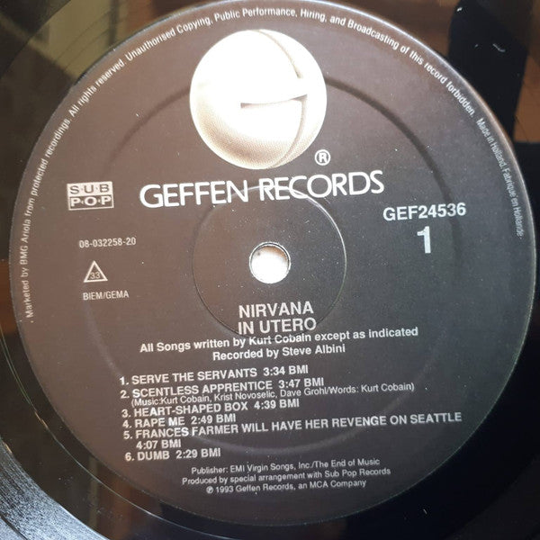 Image of Label Cover of LP - G+/VG+ - NIRVANA, In Utero (Geffen; GEF24536, Europe 1993, Inner, 1st Pressing), Small top seam split, slight moisture damage along loading side with small creases and tears. Lovely disc, only a couple small unfeelable marks on side 1., - 0846065S