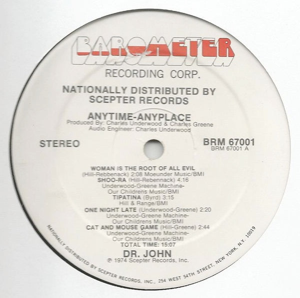Image of Label Cover of LP - VG/VG+ - DR. JOHN, Anytime, Anyplace (Barometer; BRM67001, US 1974), Worn sleeve with small drill hole., - 3116257C