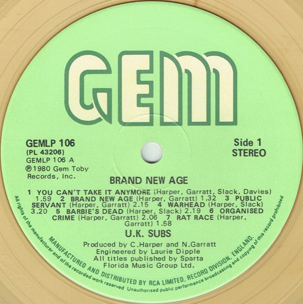 Image of Label Cover of LP - VG/VG - U.K. SUBS, Brand New Age (GEM; GEMLP 106, UK 1980, Insert, Clear Vinyl Browned Through Age), Browned a fair bit, Still translucent, Fine hairlines only when held under strong light, Light wear to sleeve, - 3316210C