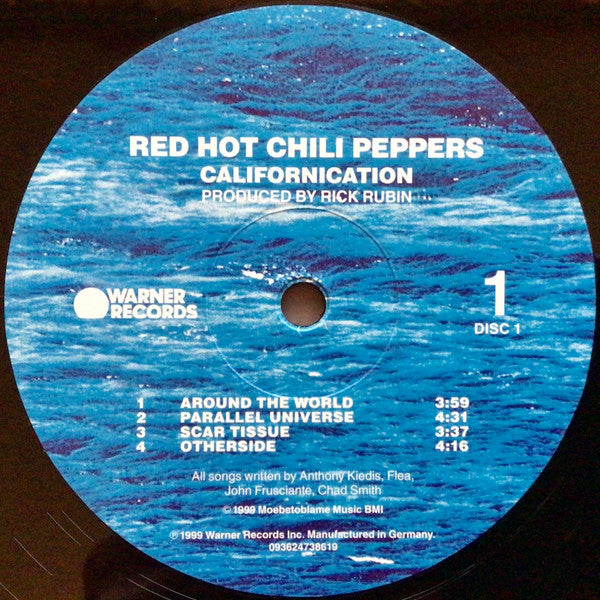 Image of Label Cover of 2xLP - NEW/NEW - RED HOT CHILI PEPPERS, Californication (Warner Bros Records; 9362-47386-1, Europe 2023 Reissue, Insert), , Following a string of unsatisfactory replacements (including former Jane's Addiction alum Dave Navarro), Californication -the band's seventh album - saw them reunited with both errant guitarist John Frusciante (hauled out of a long and debilitating heroin addiction) and producer Rick Rubin, whose mixture of commerical nous and sonic smarts helped make 1991's Blo
