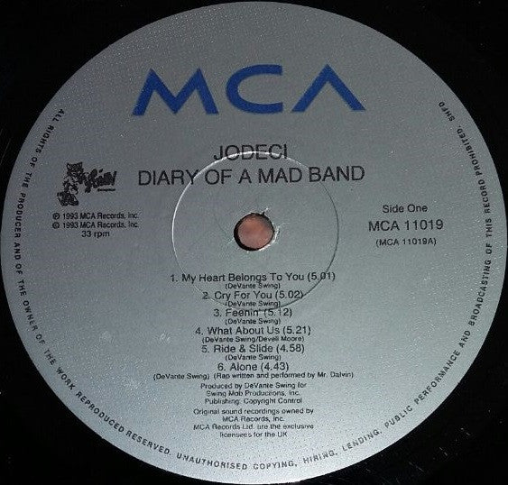 Image of Label Cover of LP - G+/G - JODECI, Diary Of A Mad Band (MCA; 11019, UK 1993, Picture Sleeve), Extensive hairlines and marks, many fine marks with various deeper more signification lines, plays with light surface noise. Sleeve worn with split at top, speckle marks and damage to corners., - 2816010C