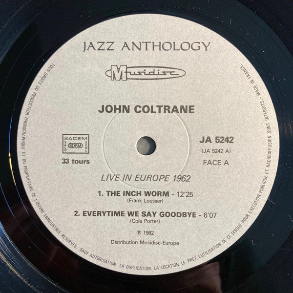 Image of Label Cover of LP - VG+/VG+ - JOHN COLTRANE, Live In Europe 1962 (Jazz Anthology; JA 5242, France 1982, Unofficial), A few very light hairlines only., - 1526030E