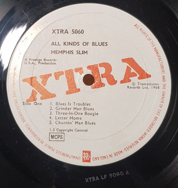 Image of Label Cover of LP - VG/G+ - MEMPHIS SLIM, All Kinds Of Blues (XTRA; XTRA 5060, UK 1968 Reissue, Laminated Front Sleeve, Inner), Sleeve has laminate lift, wear, sticker ghost / glue, some light staining / scuffs, - 1716678C