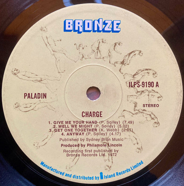 Image of Label Cover of 1225392E: LP - PALADIN, Charge (Bronze; ILPS9190, UK 1972, Stickered gatefold Sleeve, W/Extra Track and Mystery White Line Across Front Sleeve) Sticker Damage To Sleeve G+/VG