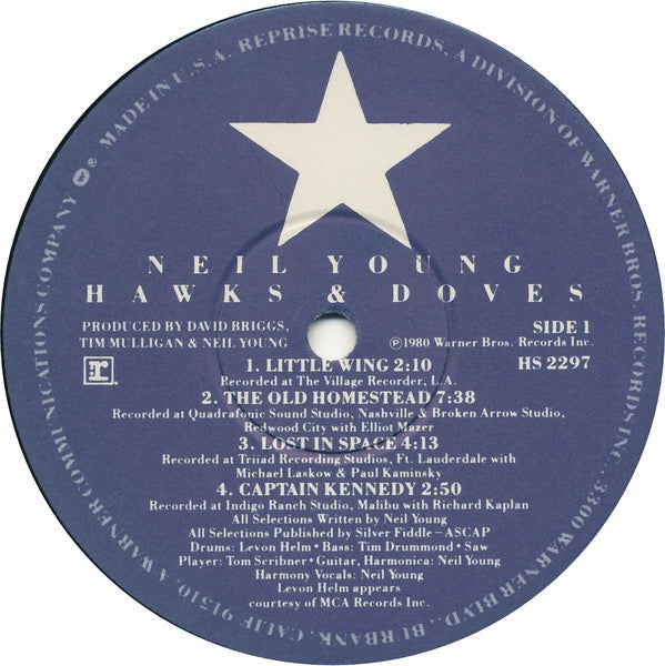 Image of Label Cover of LP - VG/VG+ - NEIL YOUNG, Hawks & Doves (Reprise Records; HS 2297, US 1980, Inner, Winchester Pressing), Cut-out (Notched), - 3416518C