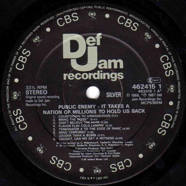 Image of Label Cover of LP - VG/VG+ - PUBLIC ENEMY, It Takes a Nation of Millions (Def Jam; 462415 1, UK 1988, Inner), , - 1346202S
