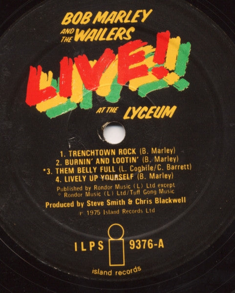 Image of Label Cover of LP - VG/G+ - BOB MARLEY AND THE WAILERS, Live! At The Lyceum (Island Records; ILPS 9376, UK 1975, No Inner, No Poster), Lots of light marks to disc., - 2416222C