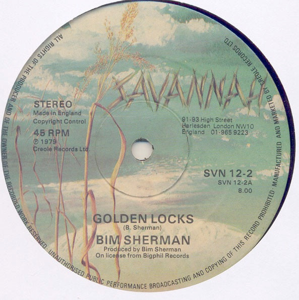Image of Label Cover of 12" - G+/VG+ - BIM SHERMAN, Golden Locks / Tribulation (Savannah; SVN 12-2, UK 1979, Company Sleeve), Shiny clean disc. Sleeve shows heavy ringwear, it is intact and looks decent still., - 3416474C