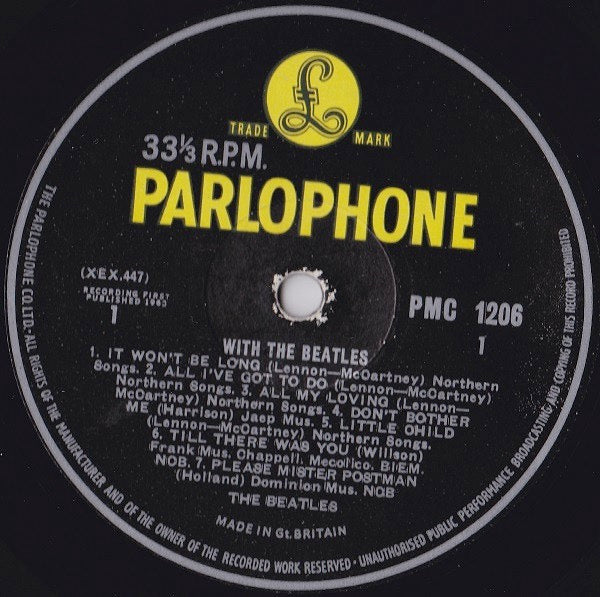 Image of Label Cover of LP - G+/F - THE BEATLES, With The Beatles (Parlophone Black/Yellow; PMC 1206, UK 1963, Laminated G&L Flipback Sleeve, 2nd Pressing, Mono, "Got A Hold" Spelling on Label and Sleeve, Record ing First Publ, but No Sold in UK text, Dominion Publ), Lots of light marks and hairlines, Sleeve a bit grubby. , - 3216084C