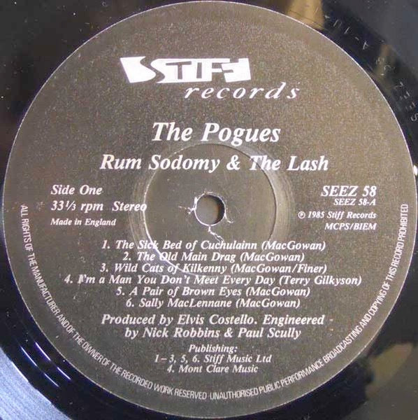 Image of Label Cover of LP - VG/G - THE POGUES, Rum,Sodomy and The Lash (Stiff Records - Rectangular Logo; SEEZ 58, UK 1985, Inner, A4 credits Terry Gilkyson), Couple of feelable scratches, hairlines, edge wear, seam split on Inner, - 4046263S