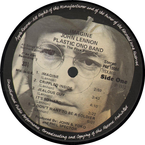 Image of Label Cover of LP - VG/VG - JOHN LENNON, Imagine (Apple; PAS10004, UK 1971, Laminated Sleeve, Pinched Spine, Inner, No Poster, No Postcard, First Press), Light edge wear and laminate creasing., - 4246423S