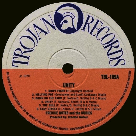 Image of Label Cover of LP - VG/G+ - FREDDIE NOTES AND THE RUDIES, Unity (Trojan Records; TBL 109 , UK 1970, Laminated Front Sleeve), Marks and scuffs, crackle but still plays above grade. Lots of creases on sleeve, storage wear, still looks acceptable., - 2846226S