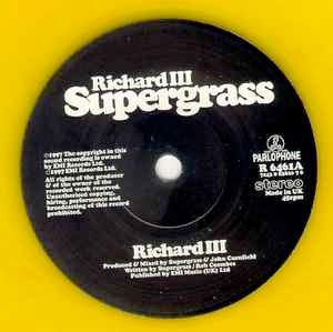 Image of Label Cover of 7" - VG/VG - SUPERGRASS, Richard III (Parlophone; R 6461, UK 1997, Hype Stickered Sleeve, Yellow Vinyl), , - 3916255C