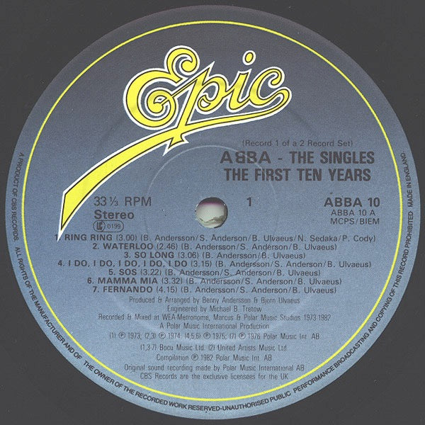 Image of Label Cover of 2xLP - VG/VG+ - ABBA, The Singles - The First Ten Years (Epic ; ABBA 10, UK 1982, Gatefold, 2 Inners), Sleeve has some fading on spine & front., - 2616335C