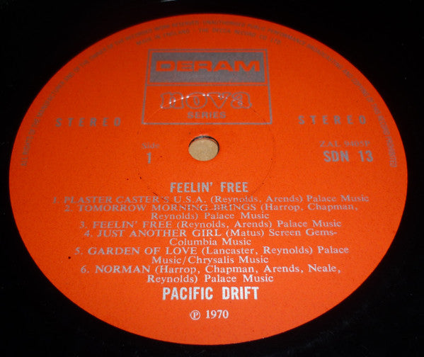 Image of Label Cover of LP - VG/VG+ - PACIFIC DRIFT, Feelin Free (Deram Nova Small Red Label; SDN 13, UK 1970, Laminated Front Sleeve, Company Inner, Stereo), A couple of the lightest hairlines only. Slightly bubbly Side One label. Sleeve has a small crease and hint of ringwear. A little discolouration on the rear. , - 4026007E
