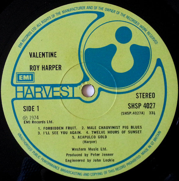 Image of Label Cover of LP - VG/VG - ROY HARPER, Valentine (Harvest Green, EMI On Rim, EMI Box; SHSP 4027, UK 1974, No Booklet), , - 3526198E