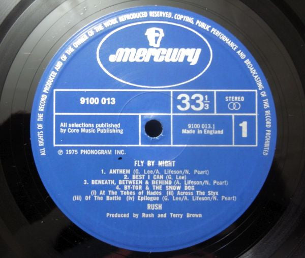 Image of Label Cover of LP - G+/VG - RUSH, Fly By Night (Mercury; 910 001-3, UK 1975, Insert), Gold Box With Two Gold Stars Printed Top Left Of Front Sleeve, Sticker Damage, Edge And Ring Wear, Tape Damage To Spine, - 3926442E