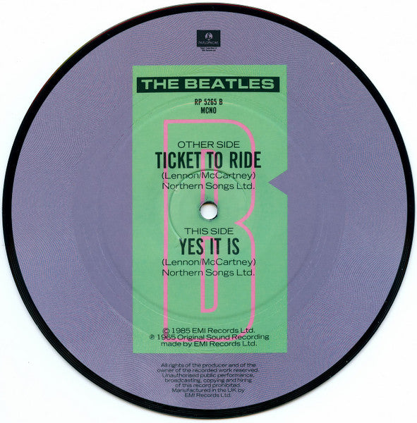 Image of Back Cover of 7" - /VG+ - THE BEATLES, Ticket To Ride (Parlophone; RP5265, UK 1985 Reissue, Clear Plastic Sleeve, limited Picture Disc), , - 4156057S