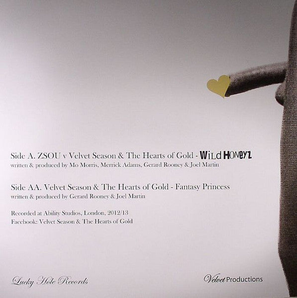 Image of Back Cover of 12" - VG+/VG+ - ZSOU VS VELVET SEASON AND THE HEARTS OF GOLD, Wild Honeyz (Lucky Hole Records; LH004, UK 2013, Picture Sleeve), Small rip on the bottom side of sleeve., - 0916049C
