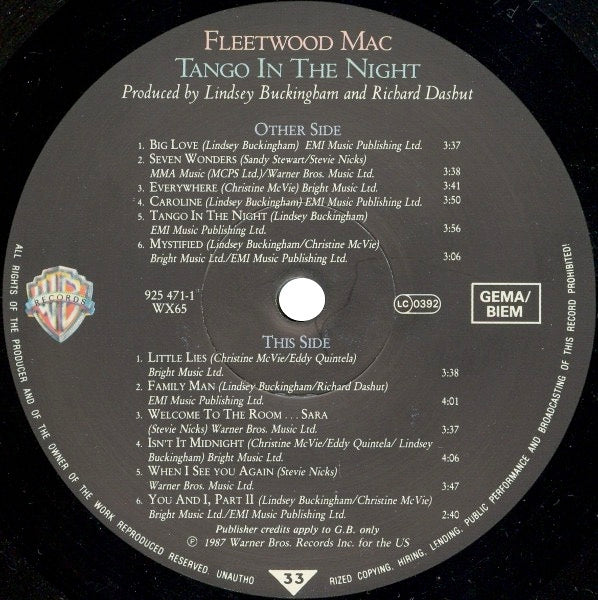 Image of Label Cover of LP - VG/VG - FLEETWOOD MAC, Tango In The Night (Warner Bros. Records; WX 65, Europe 1987, Inner, DMM), Significant edge wear but intact. Nice inner. , - 3746135S