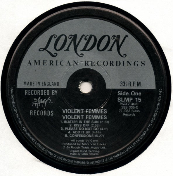 Image of Label Cover of LP - VG/VG - VIOLENT FEMMES, Violent Femmes (Slash; SLMP 15, UK 1987 Reissue, Company Inner), Triangular shaped area on cover where it's glossier than the rest. Not sure what it is. Strong VG disc., - 3346253S