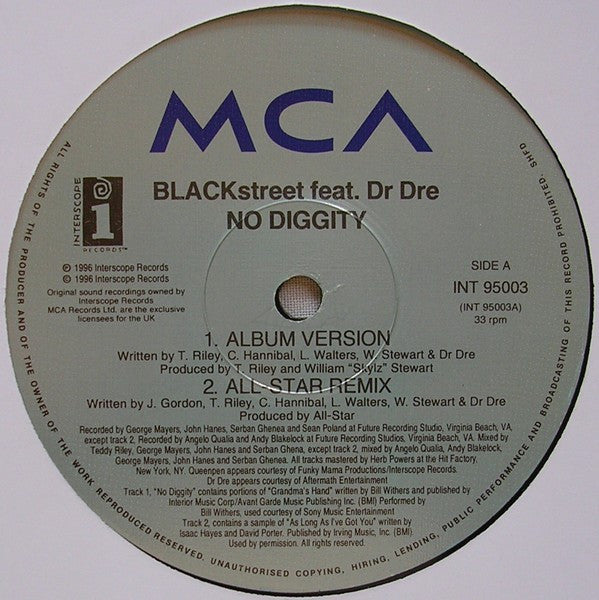 Image of Label Cover of 12" - VG/G+ - BLACKSTREET, No Diggity (Interscope; INT-95003, UK 1996, Picture sleeve), Light marks and hairlines. Light ringwear., - 3516008C