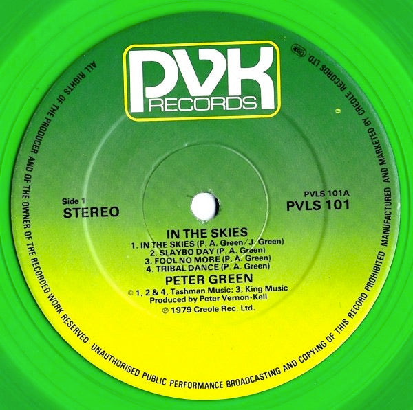 Image of Label Cover of LP - VG/G - PETER GREEN, In The Skies (PVK Records; PVLS 101, UK 1979, Gatefold, Green Vinyl), , - 3116184C
