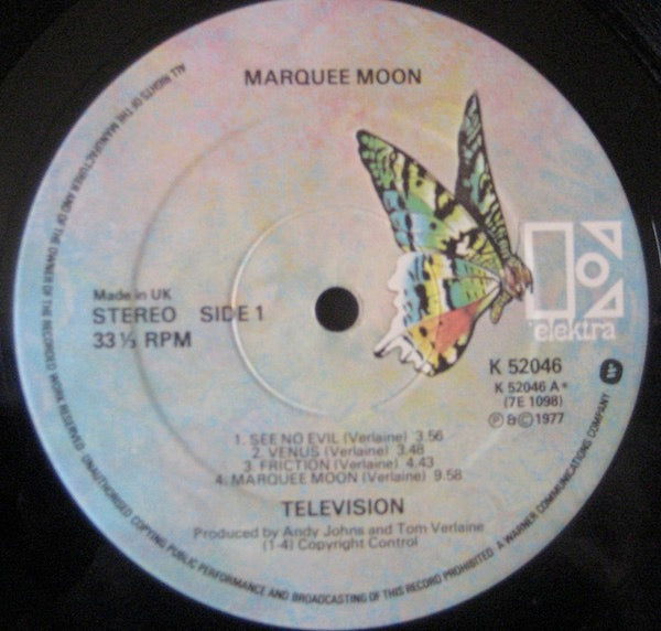 Image of Label Cover of LP - VG/G+ - TELEVISION, Marquee Moon (Elektra Butterfly; K52046, UK 1977, Quotation Marks Sleeve, Inner, First Press), Light marks and hairlines only, Edge wear and couple of sleeve pinches. , - 2716093C