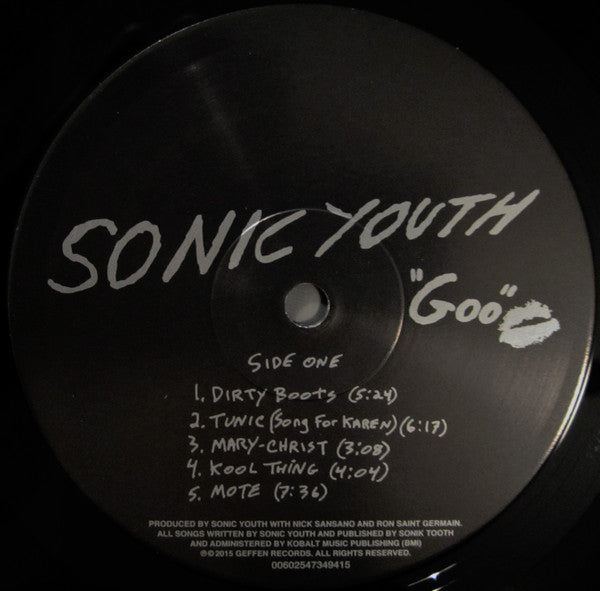 Image of Label Cover of LP - NEW/NEW - SONIC YOUTH, Goo (DGC; 4734941, Europe Reissue, Insert), , 'Goo' was Sonic Youth's eighth album, and their first for DGC / Geffen. The album was their major label debut, and with arena rock staples like 'Kool Thing' and 'Dirty Boots' deep in its grooves, it allowed Sonic Youth to enter the mainstream world, destroy everything in their path, and emerge victorious, riding the top 10 charts to sonic stardom and glory....... or at least get them the opening spot on the 199