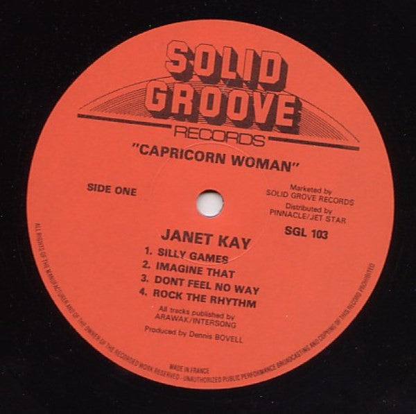 Image of Label Cover of LP - G/G - JANET KAY, Capricorn Woman (Solid Groove Records; SGL 103, UK 1982), Record has many marks and plays G+, sleeve has tapes on edges and lots of wears., - 3246058S