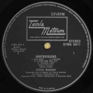 Image of Label Cover of LP - VG/VG - STEVIE WONDER, Innervisions (Tamla Motown; STMA 8011, UK 1973, Gatefold), Lightest of marks. Dymo sticker on corner of sleeve., - 3926256E