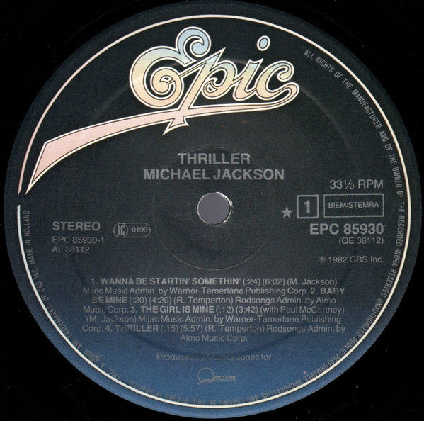 Image of Label Cover of LP - VG/G+ - MICHAEL JACKSON, Thriller (Epic Dark Blue and Yellow; EPC 85930, Netherlands 1982, Non-Stickered Gatefold, Inner), Light marks only, - 3516247C