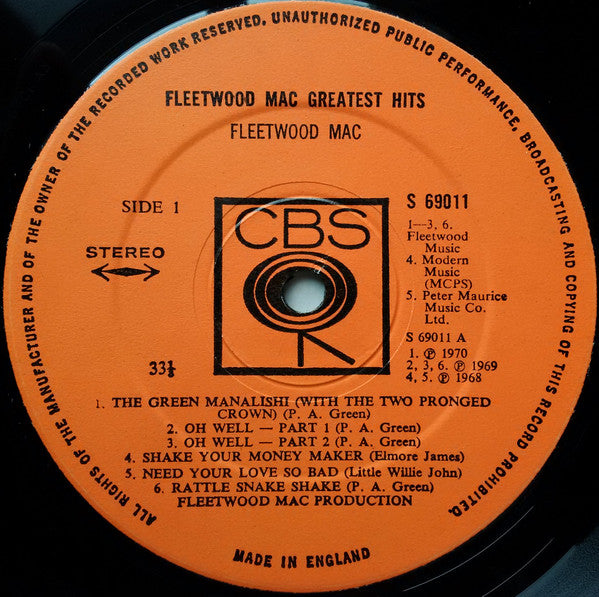 Image of Label Cover of LP - VG/VG+ - FLEETWOOD MAC, Greatest Hits (CBS Orange ; 69011, UK 1971, Inside Loading Gatefold Sleeve), A few light marks on disc. Edge wear and creasing. , - 2126321E