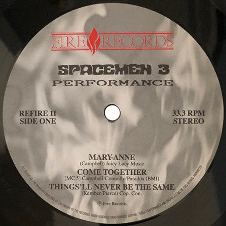 Image of Label Cover of LP - G+/VG+ - SPACEMEN 3, Performance (Fire; REFIRE11, UK 1990 Reissue), Strong VG+, Cat Damage To Spine, - 3226439E