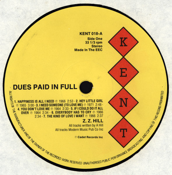 Image of Label Cover of LP - VG+/EX - Z.Z. HILL, Dues Paid In Full (Kent; KENT 018, UK 1984), Evidence of previous price sticker on sleeve., - 4046115S