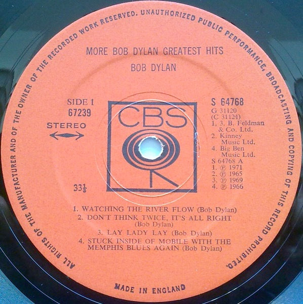Image of Label Cover of 2xLP - VG/VG - BOB DYLAN, More Bob Dylan Greatest Hits (CBS Smooth Orange (33 1/3 On Label); 67239, UK 1971, Inside Loading Gatefold Sleeve, Big Ben Publishing, No 'Record 1 of 2 Record Set' Text), Strong VG, - 2726303E