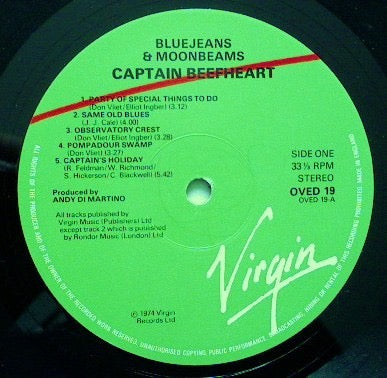 Image of Label Cover of LP - VG/VG - CAPTAIN BEEFHEART AND THE MAGIC BAND, Bluejeans and Moonbeams (Virgin Green/Red; OVED19, UK 1984 Reissue), Edge wear & sticker damage on sleeve., - 2316352C