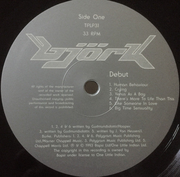 Image of Label Cover of LP - NEW/NEW - BJORK, Debut (One Little Independent; TPLP31, Europe 2021 Reissue, Black Inner), , Bj rk's album "Debut" is a classic of alternative and electronic music. Released in 1993, the album marks the Icelandic singer's official solo debut and features a mix of electronic, dance, and pop music. The album's lead single, "Human Behaviour," is a standout track that combines electronic beats with Bj rk's distinctive, otherworldly vocals. Other standout tracks on the album include