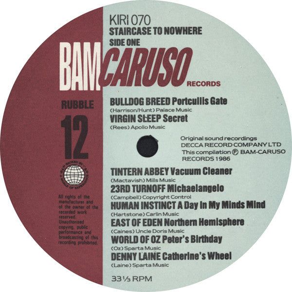 Image of Label Cover of LP - VG+/VG - VARIOUS, Staircase To Nowhere (RUBBLE 12) (Bam-Caruso Records; KIRI 070, UK 1986, Inner), , - 2926077E