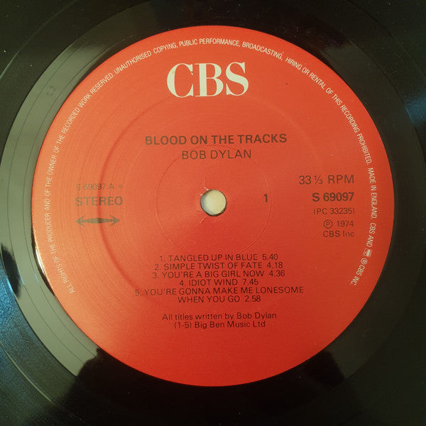 Image of Label Cover of LP - VG+/VG - BOB DYLAN, Blood on the Tracks (CBS Red Label; CBS 69097, UK 1980s Reissue, Inner), Strong VG, - 3726143E