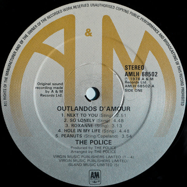Image of Label Cover of LP - VG+/VG+ - THE POLICE, Outlandos D'Amour (A&M Records Rim Text At Top Of Labels; AMLH 68502, UK 1978, CMCS Print & Colour Sleeve), , - 3526095E