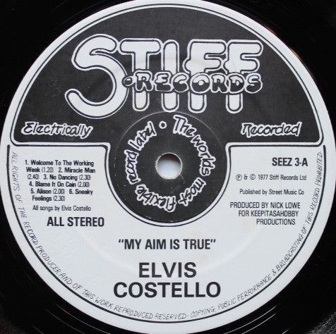 Image of Label Cover of LP - VG/G+ - ELVIS COSTELLO, My Aim Is True (Stiff; SEEZ3, UK 1977, Beige Back Cover), , - 2826298E