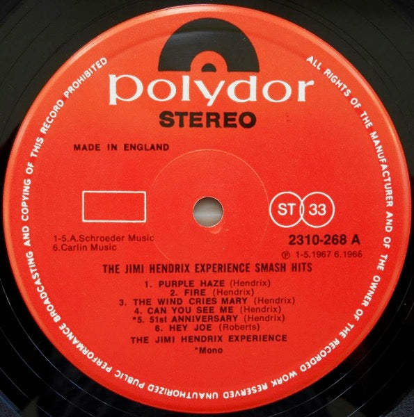 Image of Label Cover of 4745082S: LP - THE JIMI HENDRIX EXPERIENCE, Smash Hits (Polydor; 2310 268, UK 1971 Reissue, Laminated Sleeve, Stereo) VG/G+