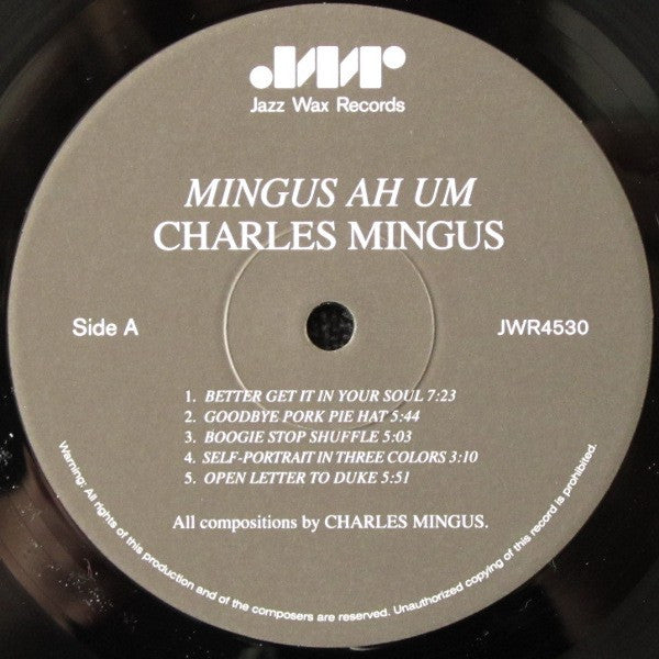 Image of Label Cover of LP - VG+/EX - CHARLES MINGUS, Mingus Ah Um (Jazz Wax Records; JWR 4530, Europe 2009 Reissue), Still in hype stickered shrinkwrap, minor damage to sleeve opening., - 2316441C
